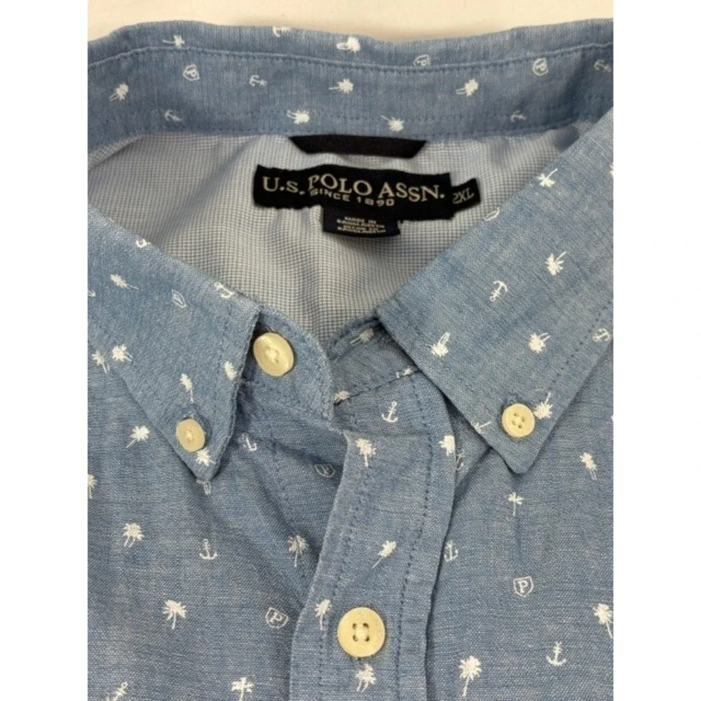 U.S. Polo Assn. Mens 2XL Light Blue Palm Tree Anchor Tropical Summer Woven Shirt
